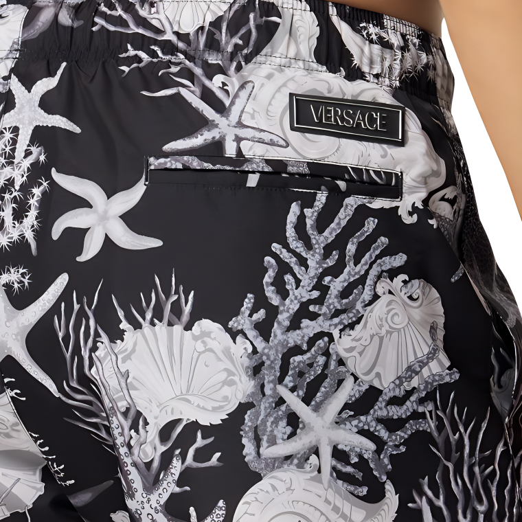 Details for 베르사체 SS24 블랙 패턴 밴딩 스트레이트 비치 반바지. 1016217-1A11347-5BC70