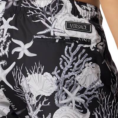 베르사체 SS24 블랙 패턴 밴딩 스트레이트 비치 반바지. 1016217-1A11347-5BC70 Details for 베르사체 SS24 블랙 패턴 밴딩 스트레이트 비치 반바지. 1016217-1A11347-5BC70