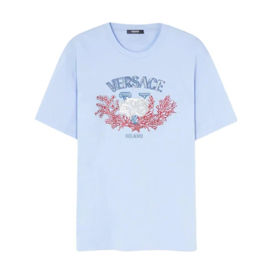 VERSACE SS24 Blue Crewneck T-Shirt with Logo Embroidery 1013302-1A11370-1VD90