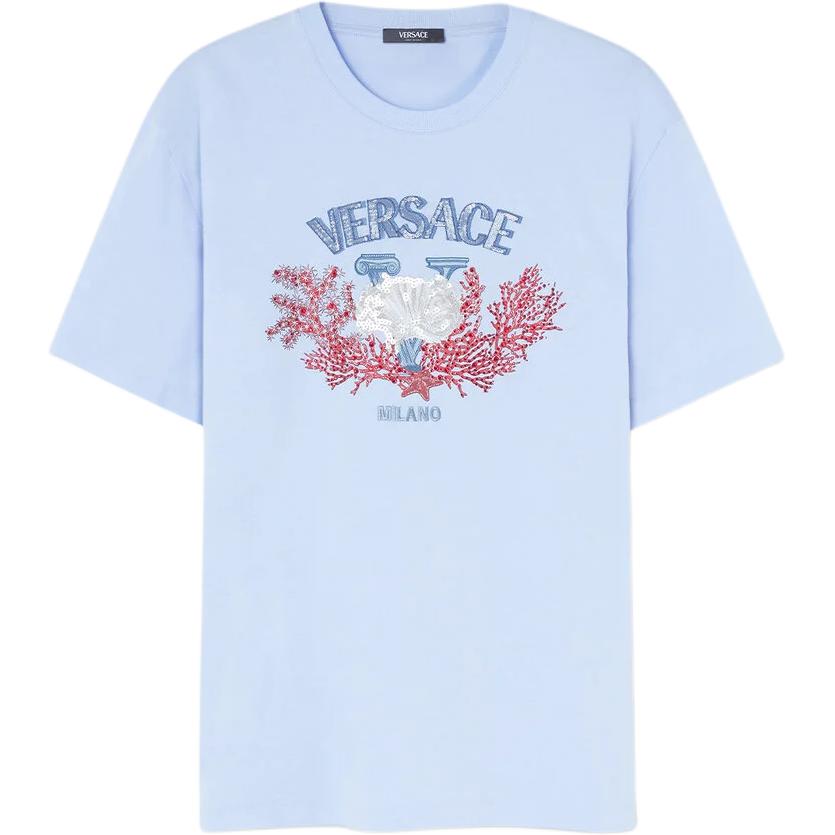 Order ヴェルサーチ SS24 ブルークルーネックTシャツ ロゴ刺繍入り 1013302-1A11370-1VD90