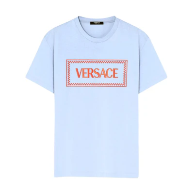 VERSACE SS24 Blue Logo Embroidered Short Sleeve T-Shirt 1011694-1A08584-1VD90