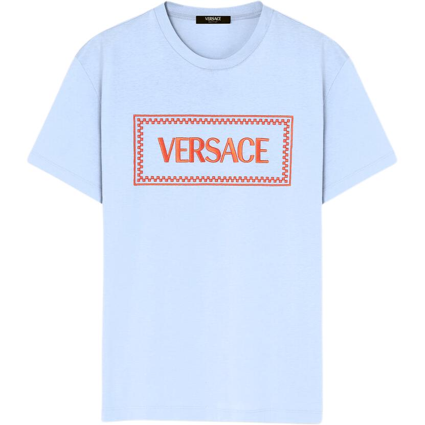 Order ヴェルサーチ SS24 ブルー ロゴ刺繍入り半袖Tシャツ 1011694-1A08584-1VD90