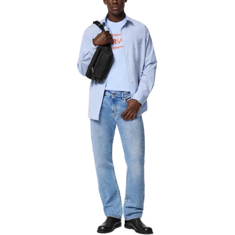 Purchase ヴェルサーチ SS24 ブルー ロゴ刺繍入り半袖Tシャツ 1011694-1A08584-1VD90