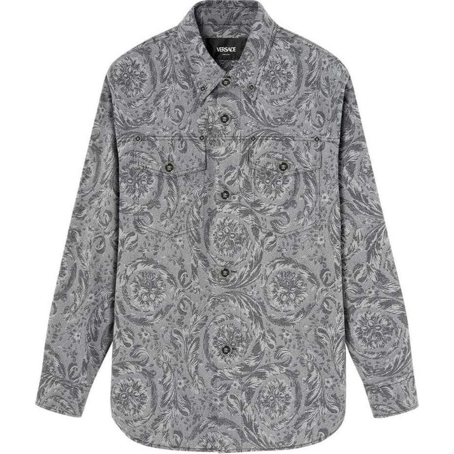 VERSACE SS24  Floral Print Long Sleeve Button-Up Shirt in Mist Gray. 1008738-1A11379-2BO70