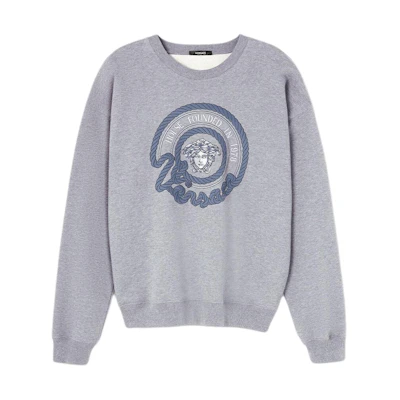 VERSACE SS24 Grey Oversized Crewneck Sweatshirt with Letter Embroidery 1013969-1A09916-1E100