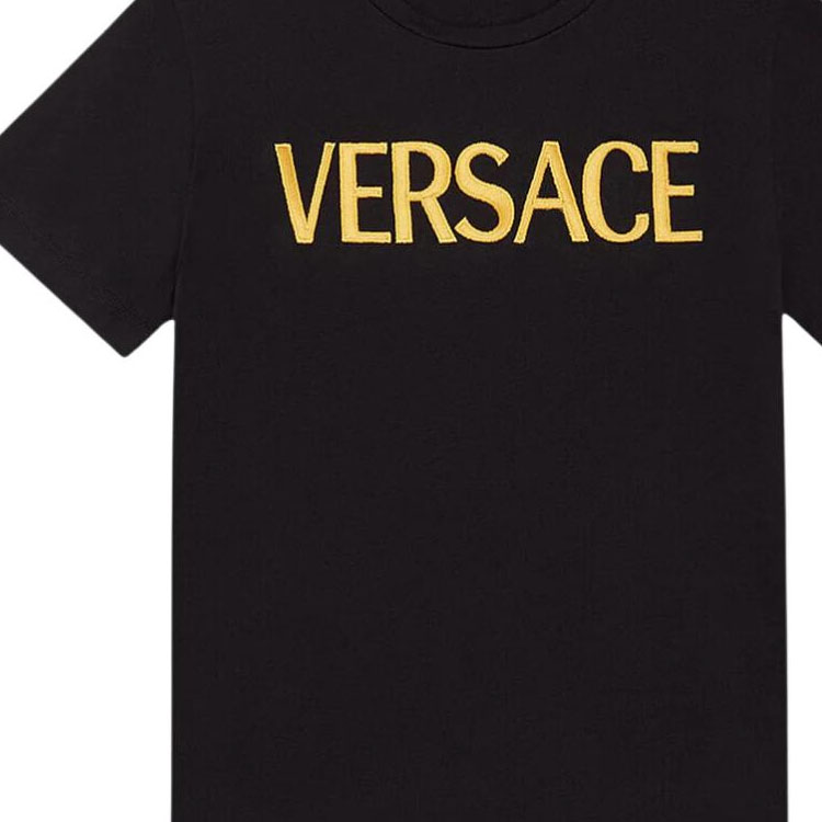Shop VERSACE SS24  Logo Embroidered Crew Neck T-Shirt Black 1011860-A230901-2B150