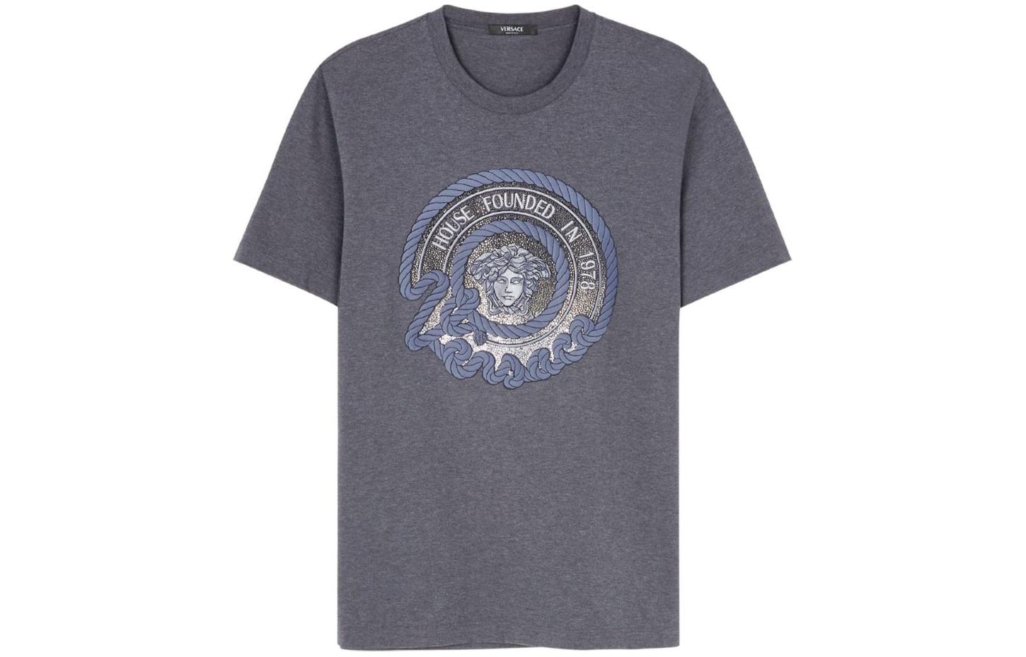 VERSACE SS24  Logo Print Crewneck T-Shirt in Cool Gray. 1013944-1A09862-1E210