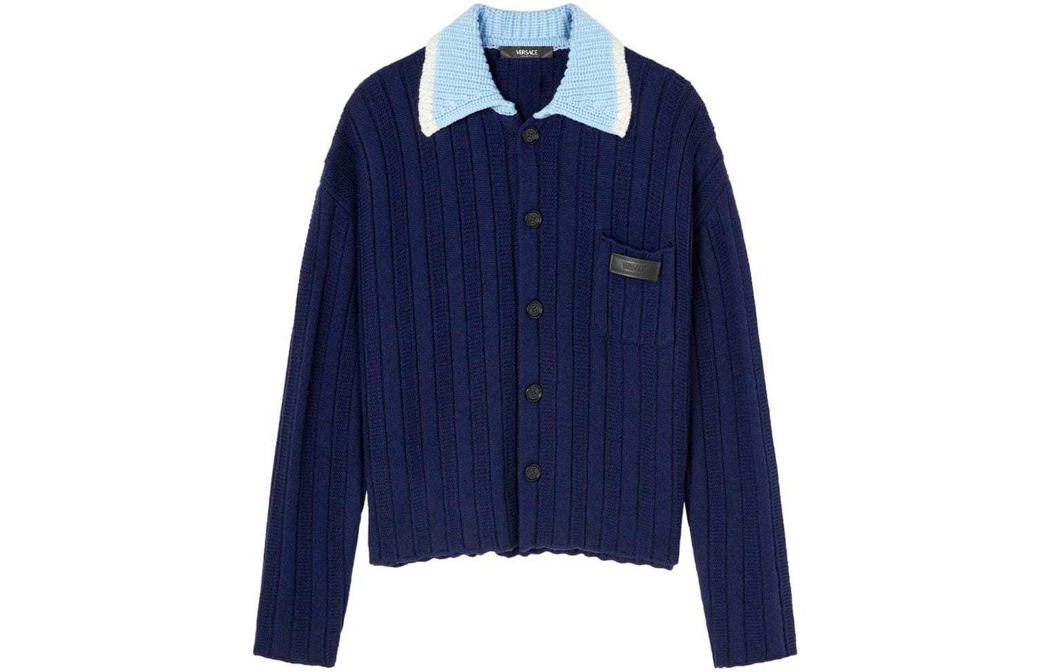 VERSACE SS24  Navy Blue Contrast Collar Single-Breasted Knit Sweater. 1012986-1A09351-1UI2