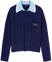 VERSACE SS24 Navy Blue Contrast Collar Single-Breasted Knit Sweater. 1012986-1A09351-1UI2 VERSACE SS24 Navy Blue Contrast Collar Single-Breasted Knit Sweater. 1012986-1A09351-1UI2