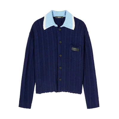 VERSACE SS24 Navy Blue Contrast Collar Single-Breasted Knit Sweater. 1012986-1A09351-1UI2