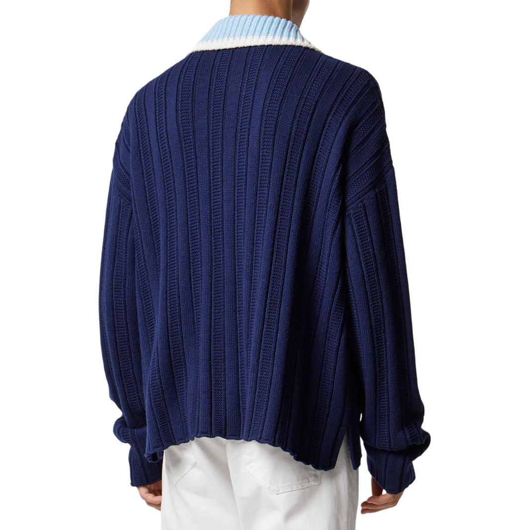 Shop VERSACE SS24 Jersey de Punto Azul Marino con Cuello Contraste y Botonadura Simple. 1012986-1A09351-1UI2