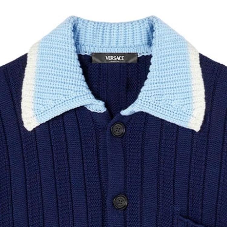 Details for VERSACE SS24 Jersey de Punto Azul Marino con Cuello Contraste y Botonadura Simple. 1012986-1A09351-1UI2