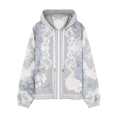 VERSACE SS24 Printed Hooded Zip-Up Jacket Grey 1014855-1A11380-5E360