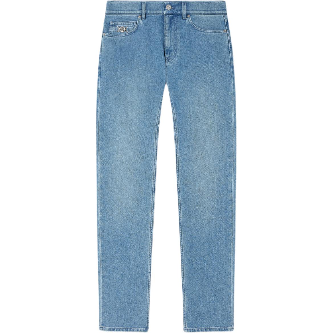 VERSACE SS24  Slim Fit Logo Patch Straight Jeans - Blue 1011693-1A11913-1D380