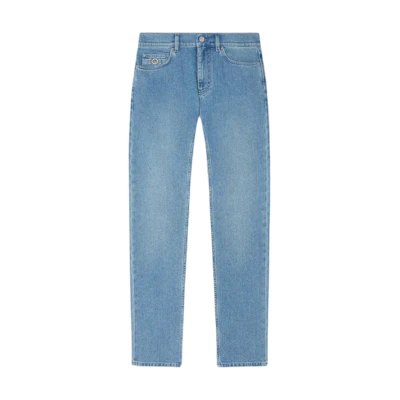 VERSACE SS24 Slim Fit Logo Patch Straight Jeans - Blue 1011693-1A11913-1D380