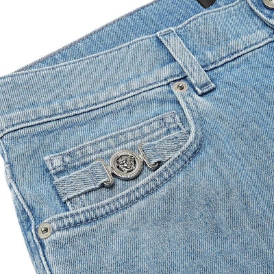 VERSACE SS24 Slim Fit Logo Patch Straight Jeans - Blue 1011693-1A11913-1D380 Shop VERSACE SS24 Slim Fit Logo Patch Straight Jeans - Blue 1011693-1A11913-1D380