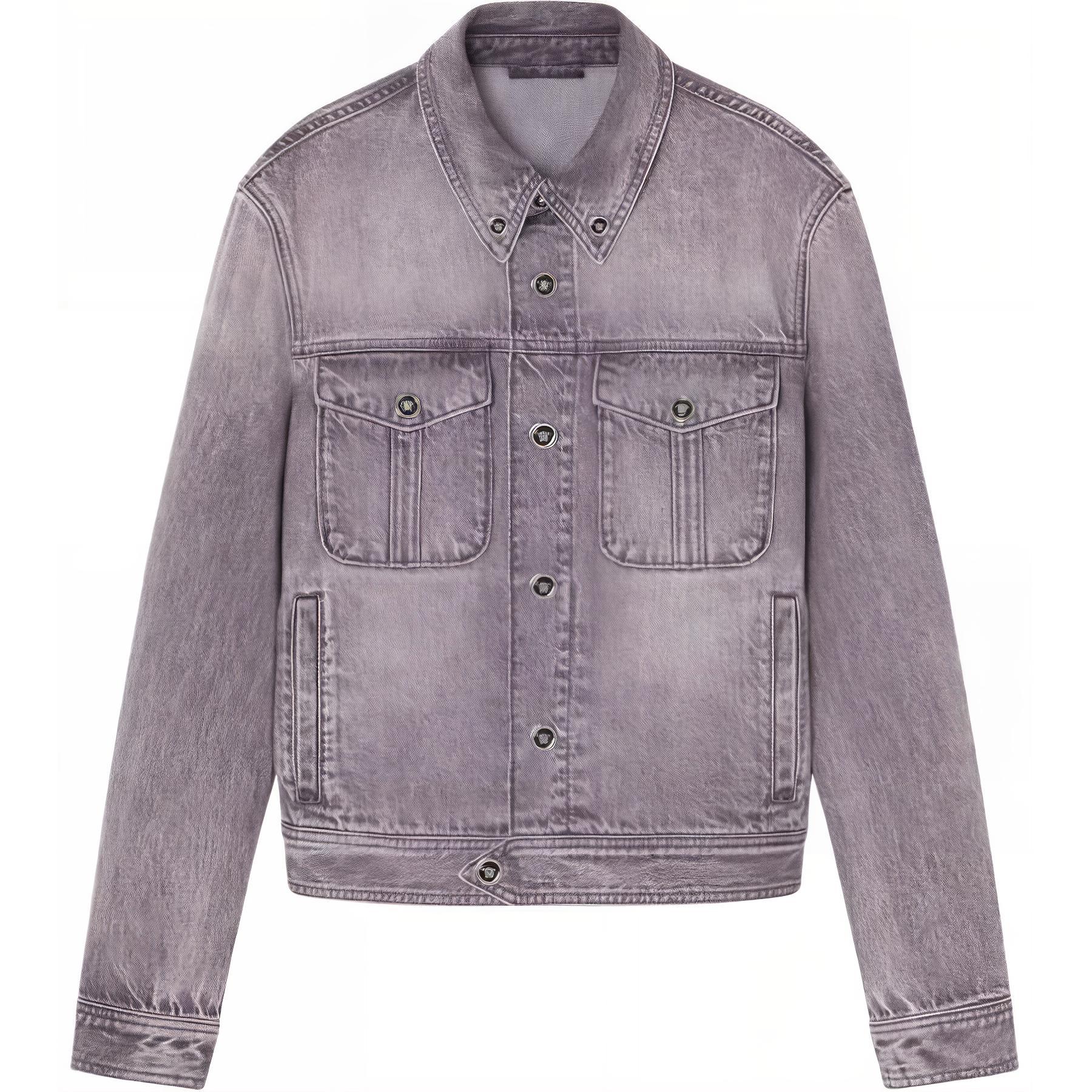 VERSACE SS24  Washed Denim Jacket with Point Collar in Light Grey. 1015847-1A11349-1D280