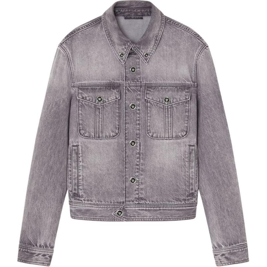 Order VERSACE SS24  Washed Denim Jacket with Point Collar in Light Grey. 1015847-1A11349-1D280