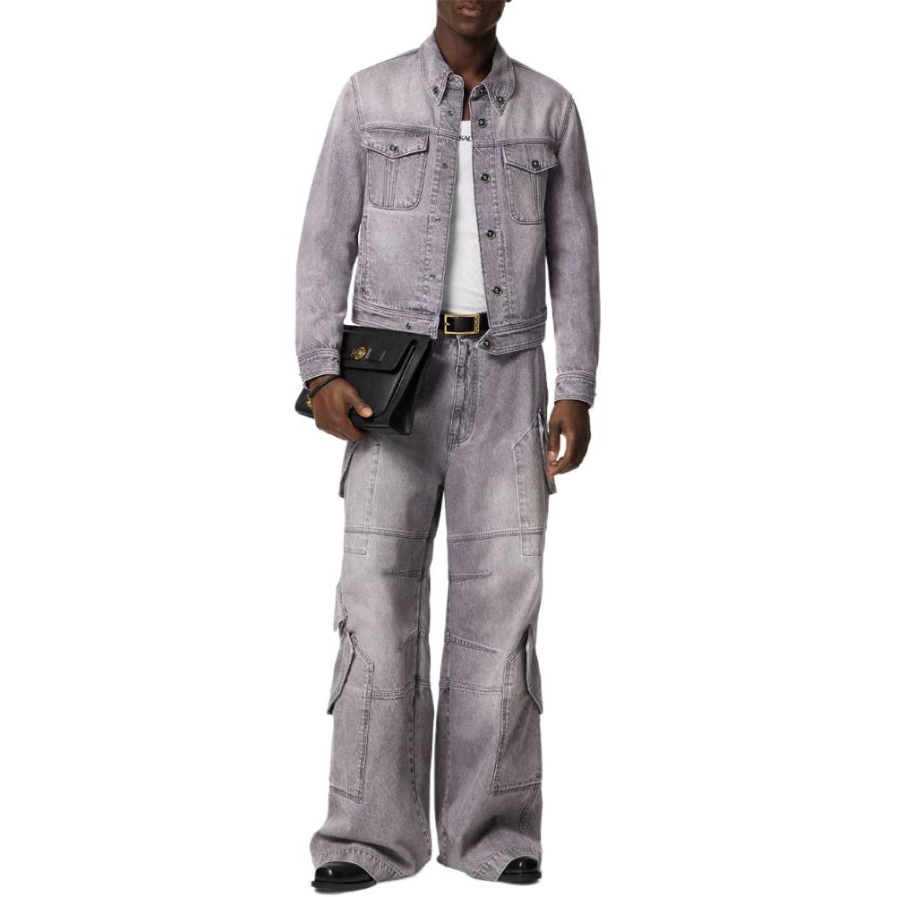 Lookbook VERSACE SS24  Washed Denim Jacket with Point Collar in Light Grey. 1015847-1A11349-1D280
