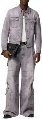 VERSACE SS24 Washed Denim Jacket with Point Collar in Light Grey. 1015847-1A11349-1D280 Lookbook VERSACE SS24 Washed Denim Jacket with Point Collar in Light Grey. 1015847-1A11349-1D280