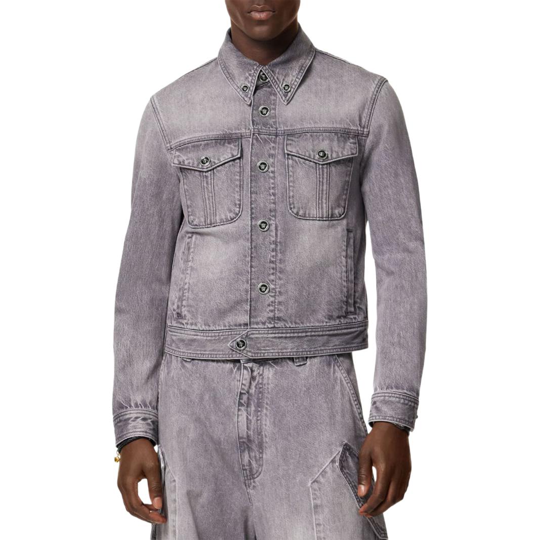 Shop VERSACE SS24  Washed Denim Jacket with Point Collar in Light Grey. 1015847-1A11349-1D280