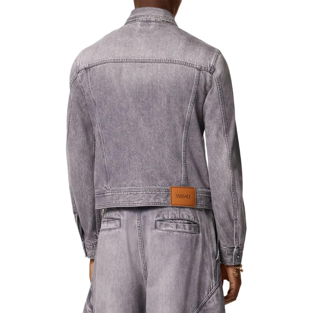 Purchase VERSACE SS24  Washed Denim Jacket with Point Collar in Light Grey. 1015847-1A11349-1D280