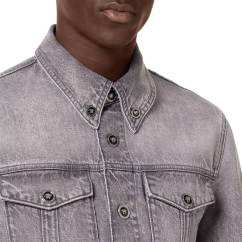 Details for VERSACE SS24  Washed Denim Jacket with Point Collar in Light Grey. 1015847-1A11349-1D280