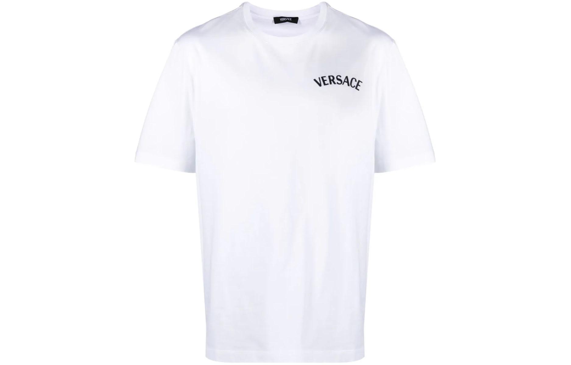 VERSACE SS24  White Logo Embroidered Crewneck Casual T-Shirt 1013302-1A09865-1W010