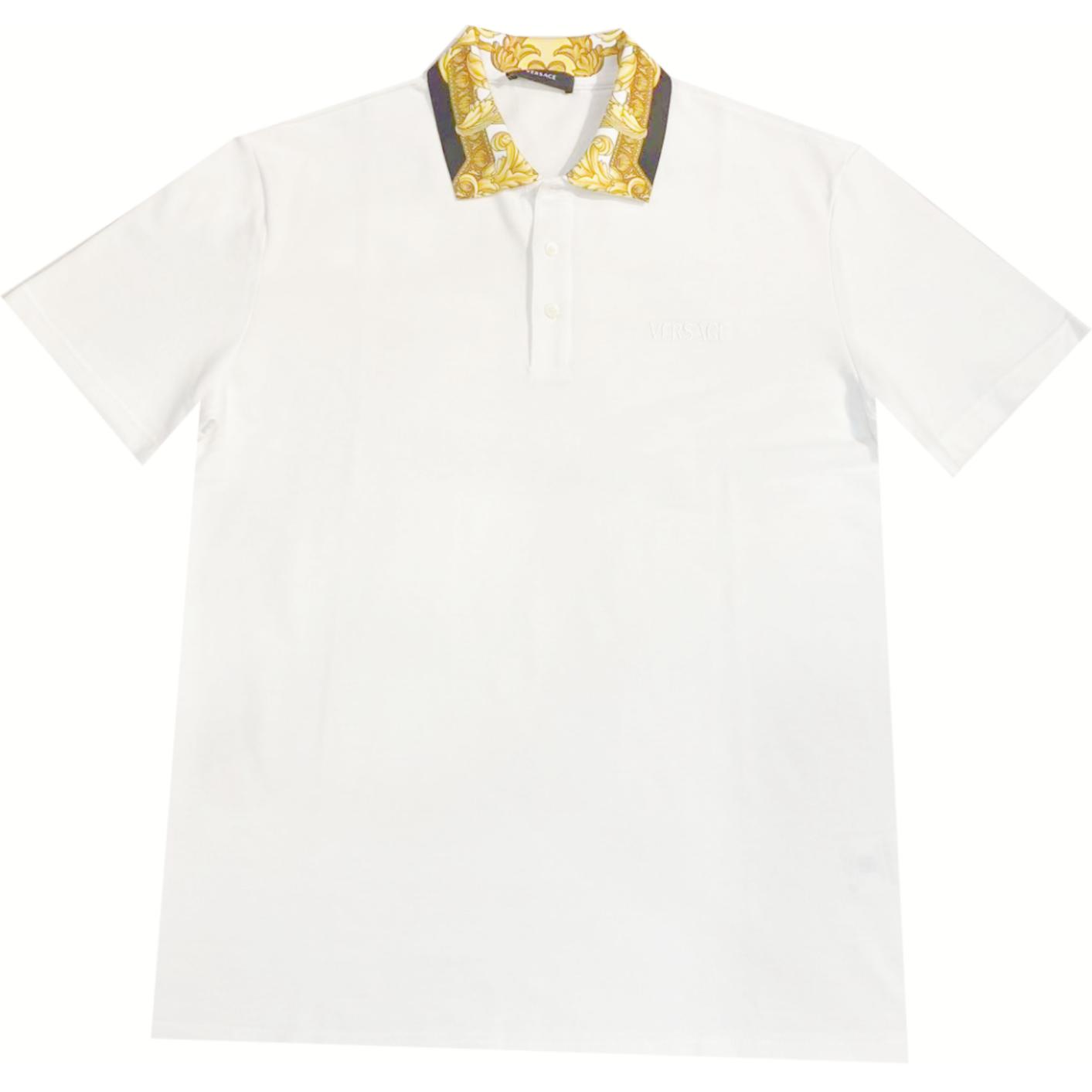 VERSACE SS24  White Logo Trim Short-Sleeve Polo Shirt. 1012260-1A08837-2W110