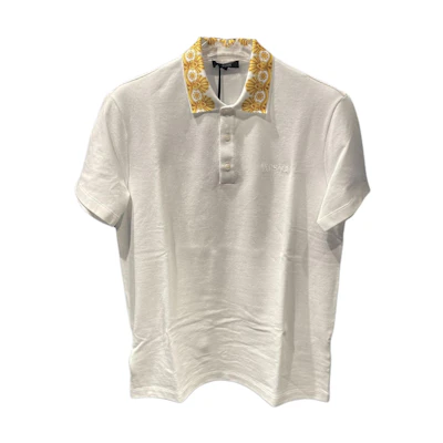 VERSACE SS24 White Polo Shirt with Embroidered Logo Print Design. 1012260-1A10242-2W110