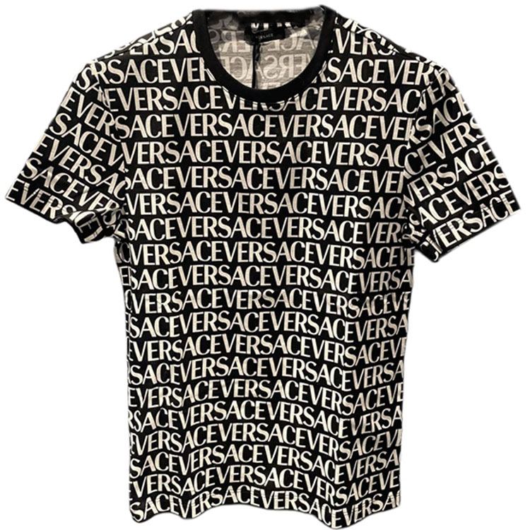 VERSACE SS24 All-over Logo Print Pullover T-Shirt Black 1015243-1A10783-5B040