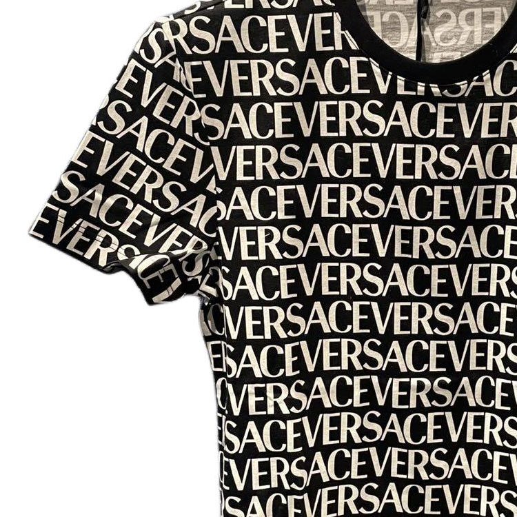 Shop VERSACE SS24 All-over Logo Print Pullover T-Shirt Black 1015243-1A10783-5B040