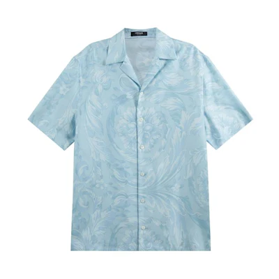 Versace SS24 Baroque Print Single-Breasted Hawaiian Shirt Sky Blue Mens 1003926-1A09582-5U940
