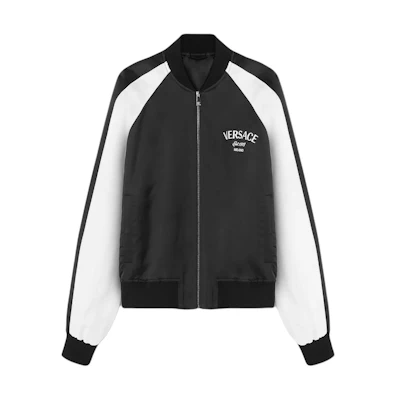 Versace SS24 Black Letter Logo Print Zip-Up Bomber Jacket 1014840-1A10504-1B000