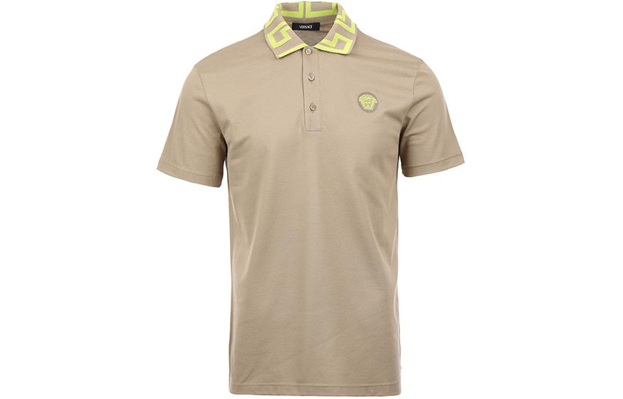 VERSACE SS24 Colorblock Logo Embroidered Casual Short Sleeve Polo Khaki Men. A89492-1A04867-2KF90