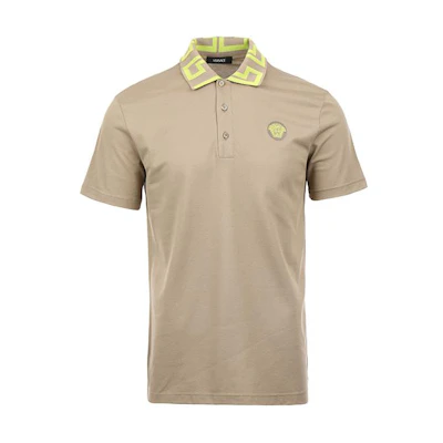 VERSACE SS24 Colorblock Logo Embroidered Casual Short Sleeve Polo Khaki Men. A89492-1A04867-2KF90