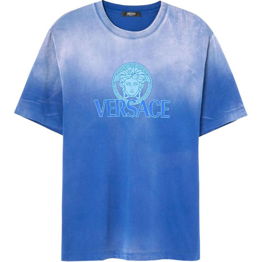VERSACE SS24 Gradient Logo Print Crewneck Casual Tee Navy Blue (). 1013302-1A09864-1UI10