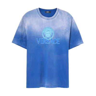 VERSACE SS24 Gradient Logo Print Crewneck Casual Tee Navy Blue (). 1013302-1A09864-1UI10