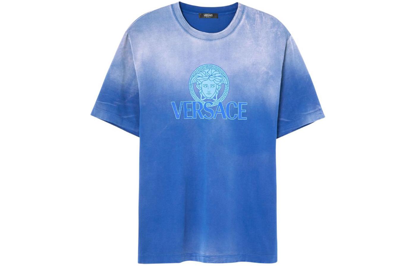 Order ヴェルサーチ SS24 グラデーションロゴプリント クルーネックTシャツ ネイビーブルー 1013302-1A09864-1UI10