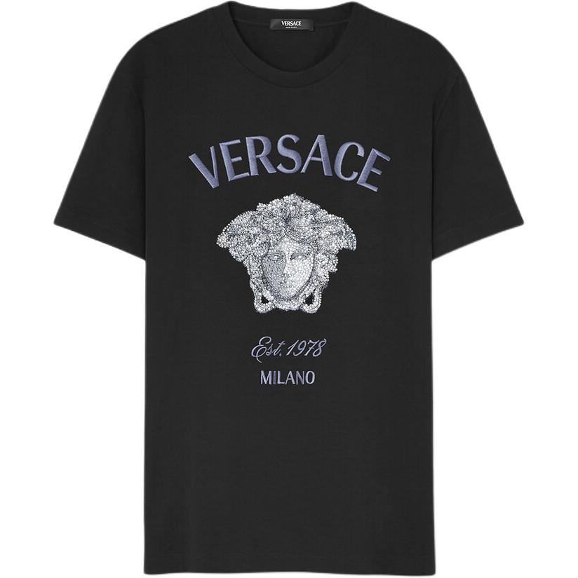 VERSACE SS24 Logo Print Crewneck Casual Black T-Shirt for Men. 1013944-1A11473-1B000
