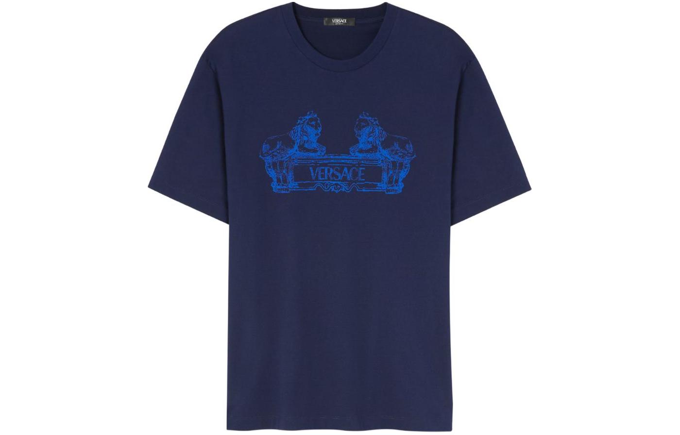 VERSACE SS24 Logo Print Navy Blue Casual Crewneck T-Shirt for Men. 1013302-1A09867-1UI20