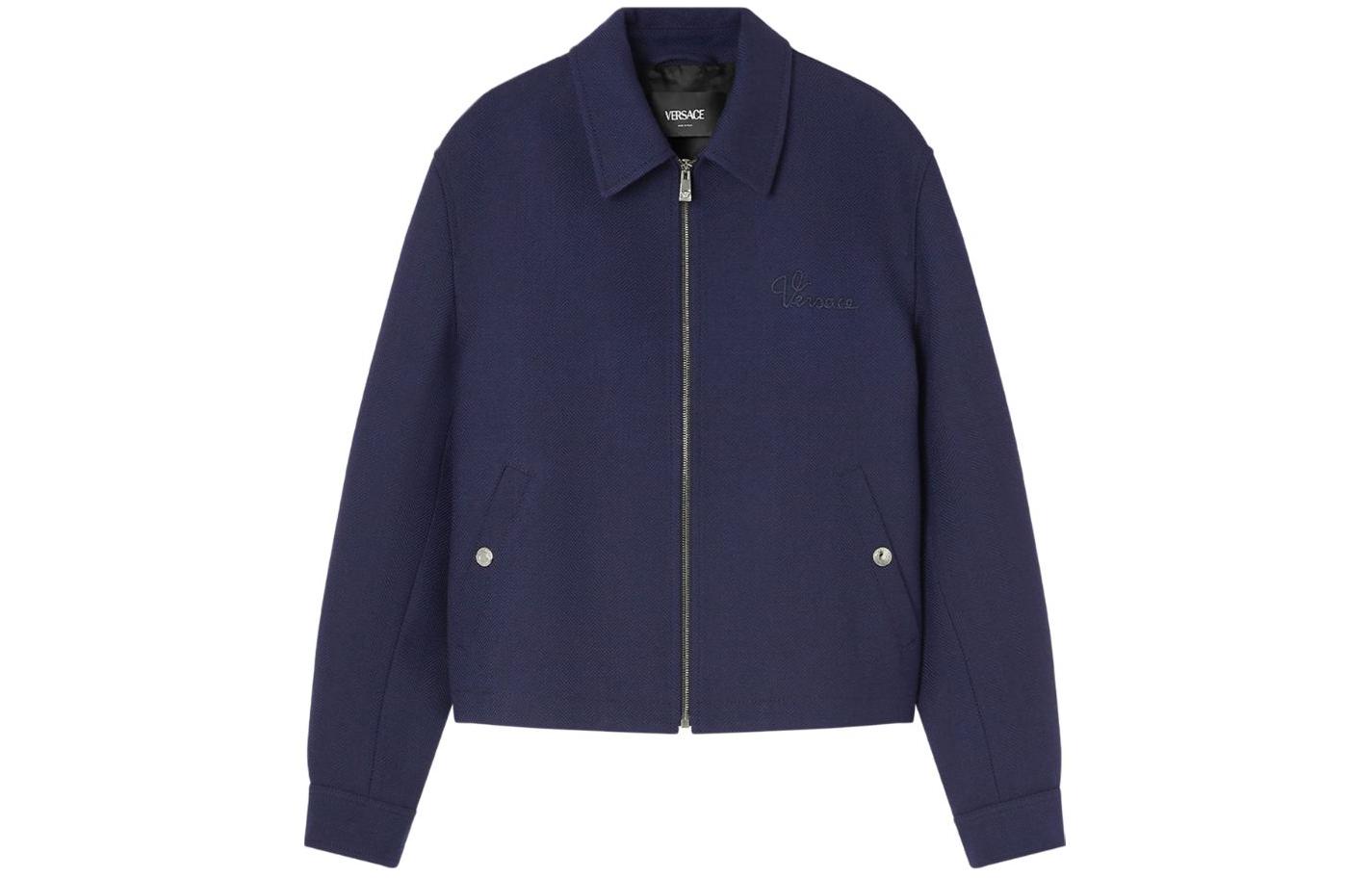 Versace SS24 Navy Blue Jacket with Solid Logo Embroidery and Pointed Collar 10132951-A09776-1UI20