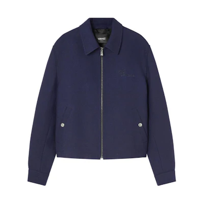 Versace SS24 Navy Blue Jacket with Solid Logo Embroidery and Pointed Collar 10132951-A09776-1UI20