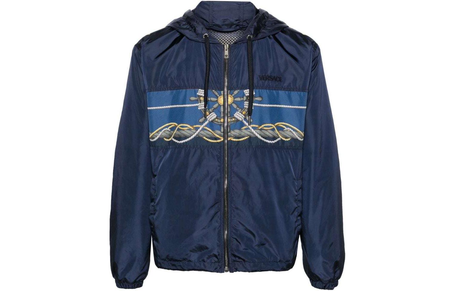 VERSACE SS24 Navy Blue Letter Wheel Print Hooded Zip-Up Loose Jacket for Men 1013939-1A09842-5U170
