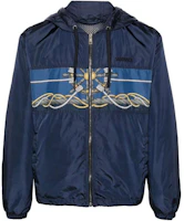VERSACE SS24 Navy Blue Letter Wheel Print Hooded Zip-Up Loose Jacket for Men 1013939-1A09842-5U170 VERSACE SS24 Navy Blue Letter Wheel Print Hooded Zip-Up Loose Jacket for Men 1013939-1A09842-5U170