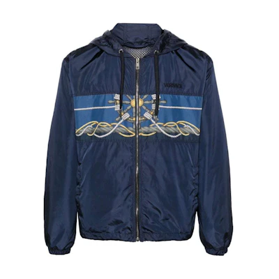 VERSACE SS24 Navy Blue Letter Wheel Print Hooded Zip-Up Loose Jacket for Men 1013939-1A09842-5U170