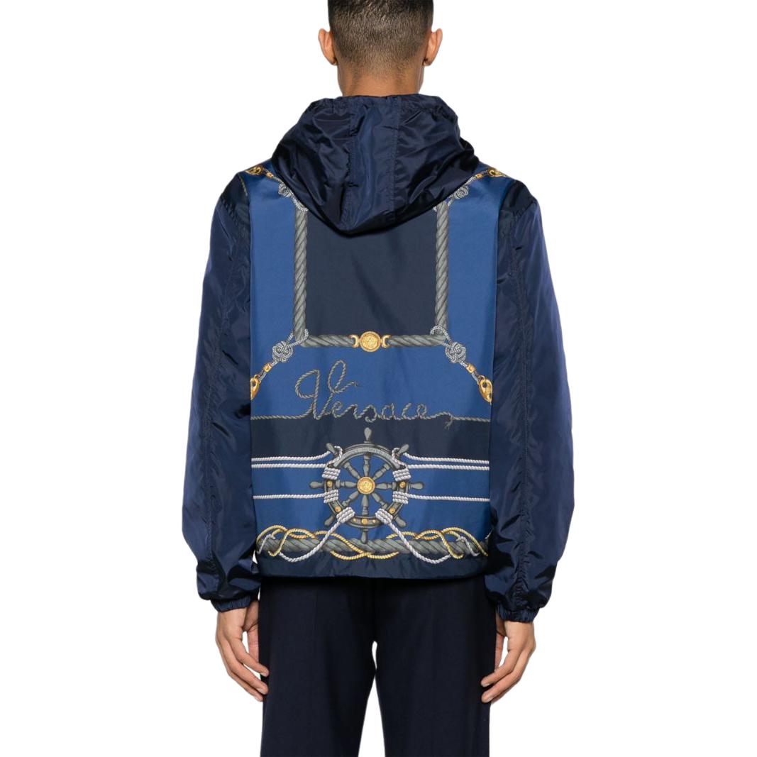 VERSACE SS24 Navy Blue Letter Wheel Print Hooded Zip-Up Loose Jacket for Men 1013939-1A09842-5U170 圖 4
