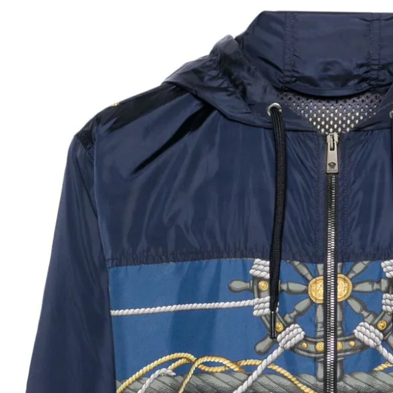 VERSACE SS24 Navy Blue Letter Wheel Print Hooded Zip-Up Loose Jacket for Men 1013939-1A09842-5U170 圖 6