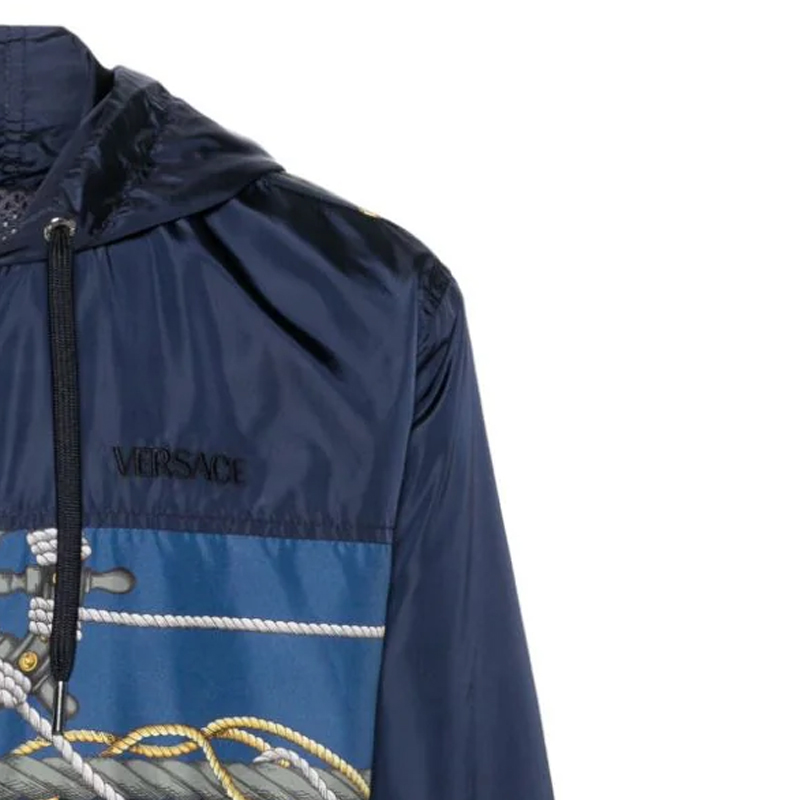 VERSACE SS24 Navy Blue Letter Wheel Print Hooded Zip-Up Loose Jacket for Men 1013939-1A09842-5U170 圖 7