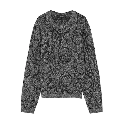 VERSACE SS24 Patterned Jacquard Crewneck Knit Sweater Black 1016053-1A11189-1B000